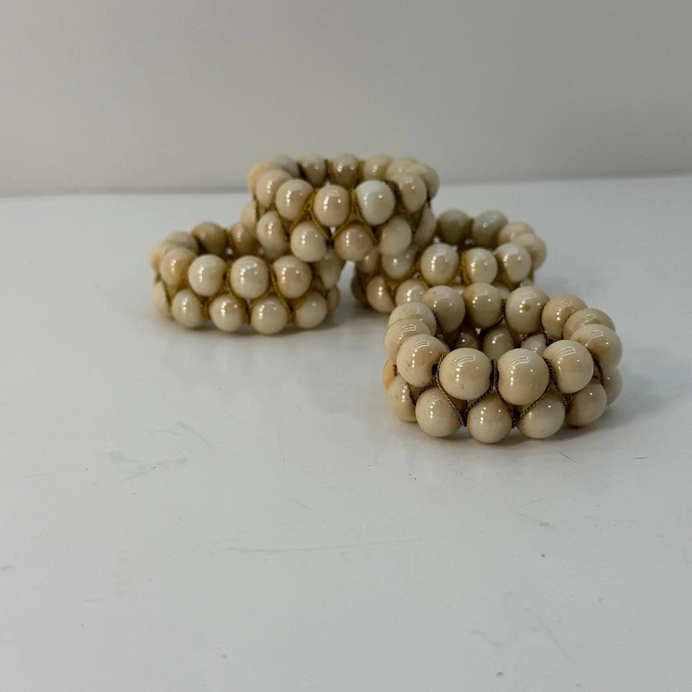 Vintage Beaded Napkin‎ Rings Set of 4 Cream Stone Gold Wire Boho Table Decor
